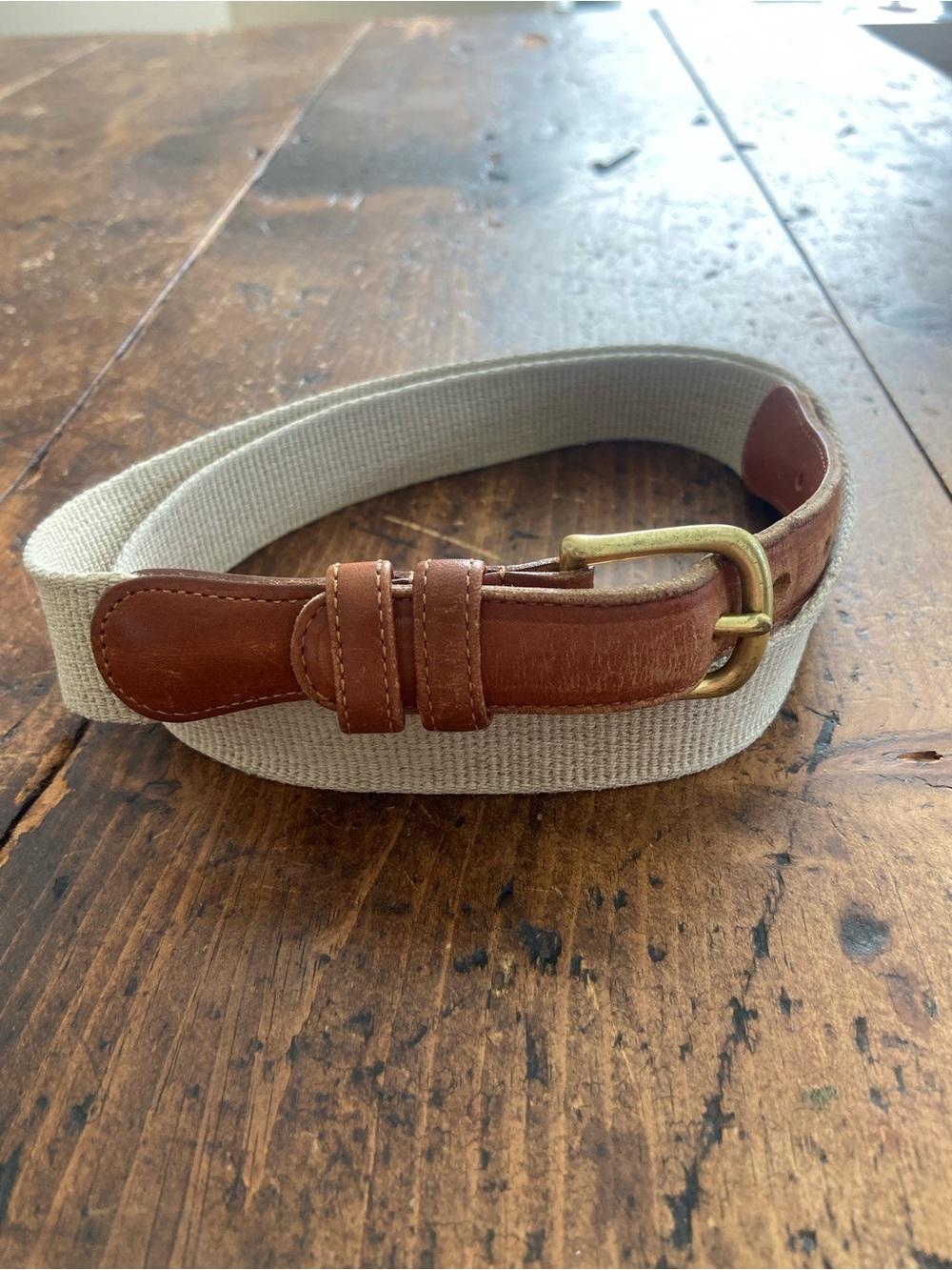 VTG Coach Mens Size 38/95cm Ivory Canvas Brown Leather Brass Buckle Belt 3810